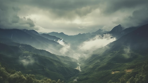 Een berglandschap met een weg en bergen op de achtergrond