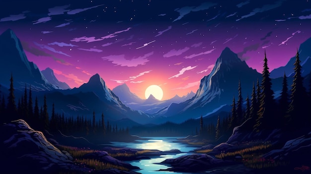 Een berglandschap met een zonsondergang en een rivier.