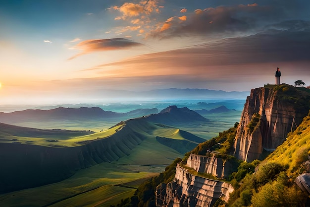 Een berglandschap met een zonsondergang op de achtergrond