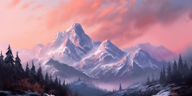 Een berglandschap met een zonsondergang op de achtergrond