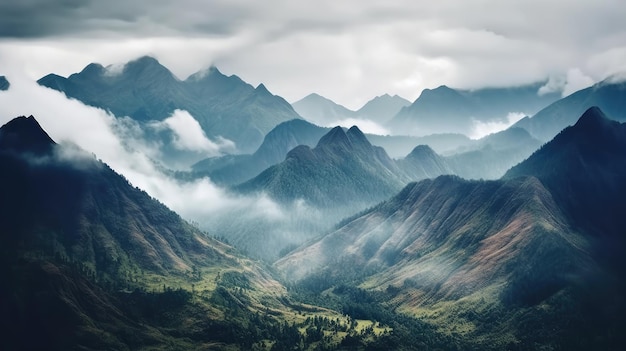 Een berglandschap met wolken en bergen op de achtergrond