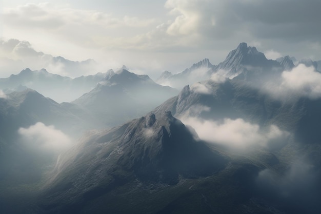 Een berglandschap met wolken en bergen op de achtergrond