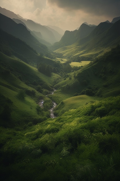 Een berglandschap waar een rivier doorheen stroomt.