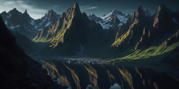 Een bergmeer met een groene berg op de achtergrond