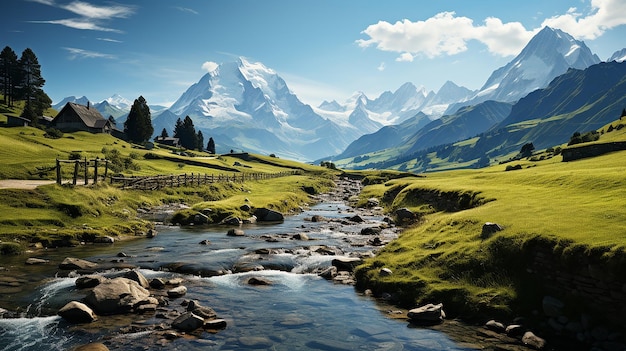 Foto een bergstroom met een berg op de achtergrond