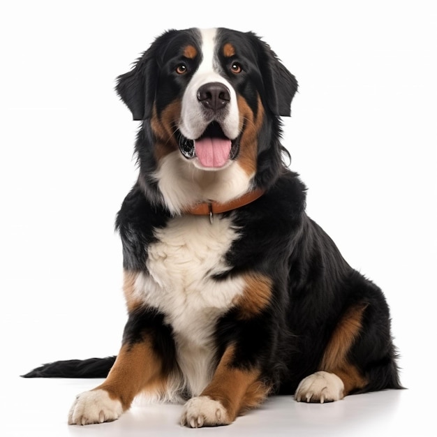 Een Berner Sennenhond zit op een witte achtergrond.