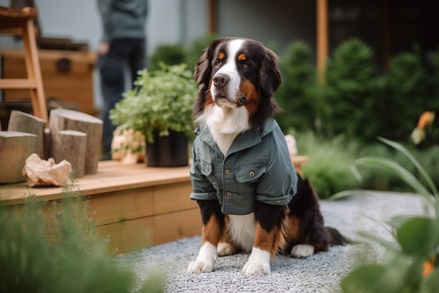 Een BERNESE SENNENHUND-hond in tuinmanskleren in het tuinieren concept generatieve ai