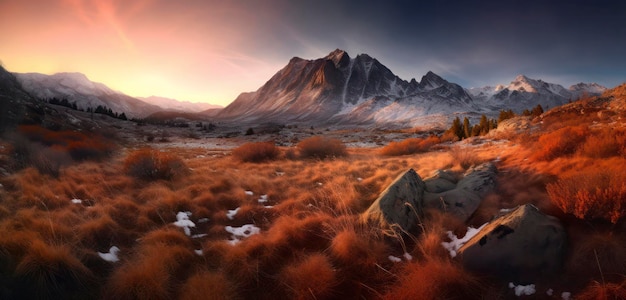 Een besneeuwd berglandschap met een berg op de achtergrond