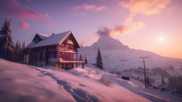 Een besneeuwd berglandschap met een huis op de voorgrond en een besneeuwde berg op de achtergrond.