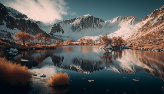 Een besneeuwd berglandschap met een meer en bergen op de achtergrond