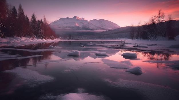 Een besneeuwd berglandschap met een paarse lucht en een besneeuwde berg op de achtergrond.