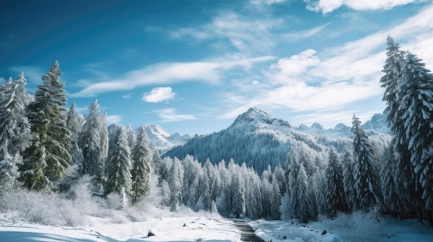 Een besneeuwd berglandschap met op de achtergrond een besneeuwde berg