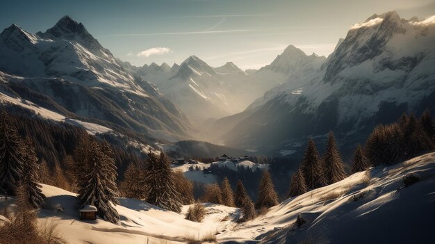 Een besneeuwd berglandschap met op de achtergrond een besneeuwde berg