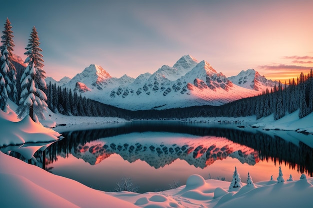 Een besneeuwd bergmeer met een roze lucht en besneeuwde bergen op de achtergrond.