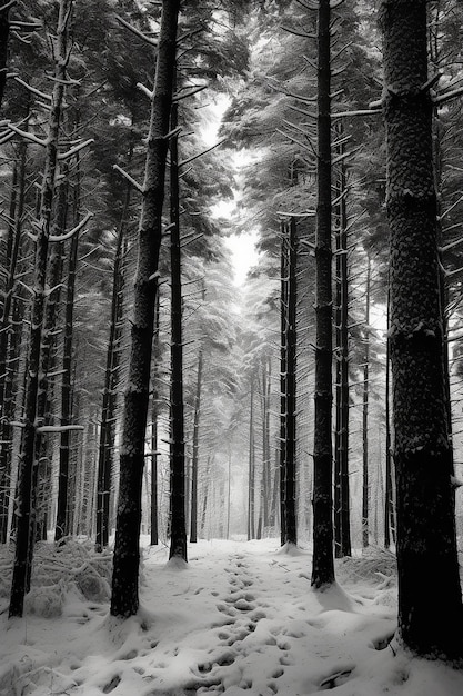 Een besneeuwd bos met een pad er naar toe