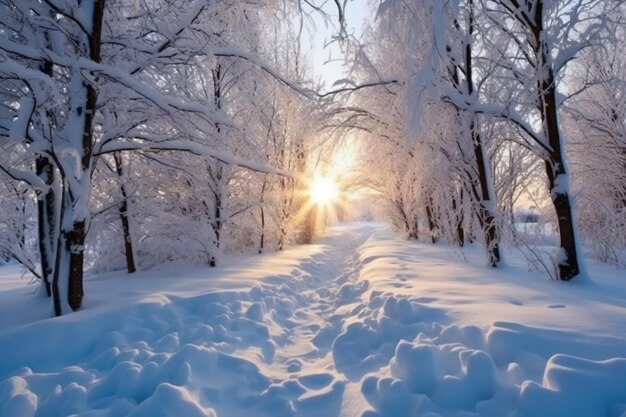 Een besneeuwd bos met een zon die op de sneeuw schijnt