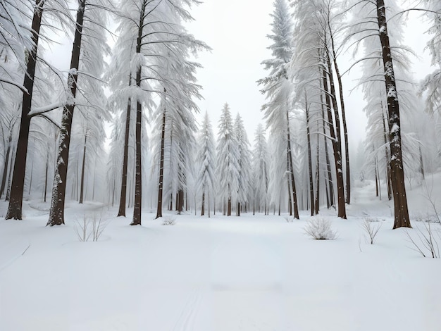 een besneeuwd bos met hoge bomen en met sneeuw bedekte grond