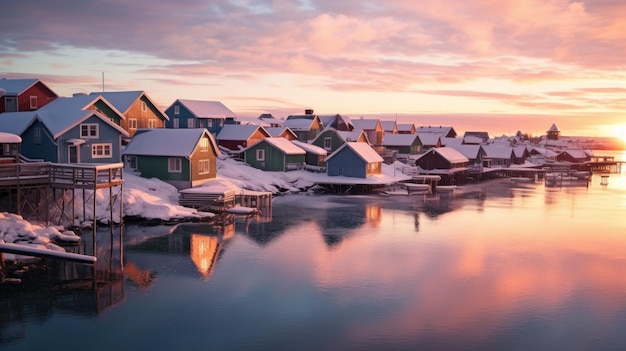 een besneeuwd dorp met huizen in het water