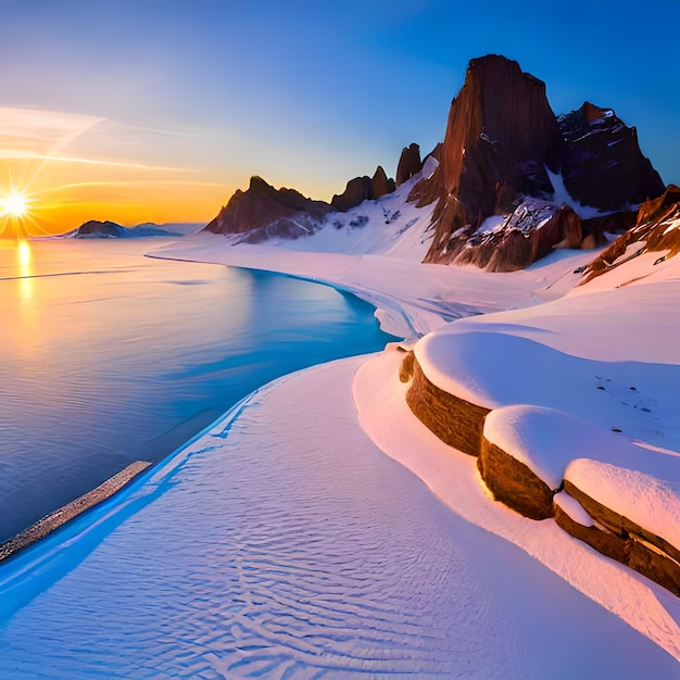 Een besneeuwd landschap met bergen op de achtergrond en een zonsondergang op de achtergrond.