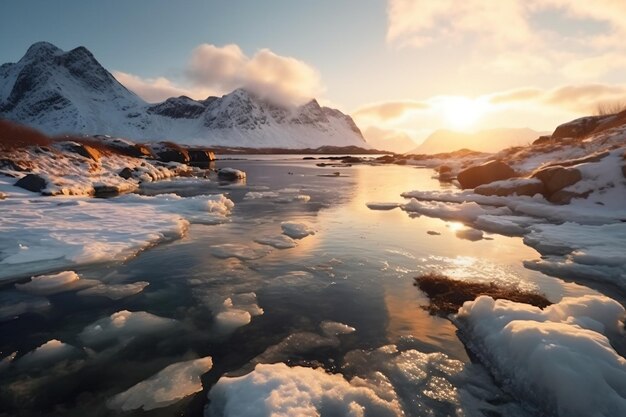 Een besneeuwd landschap met bergen op de achtergrond