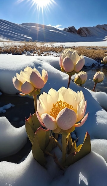 Een besneeuwd landschap met bloemen op de voorgrond en sneeuw op de grond.