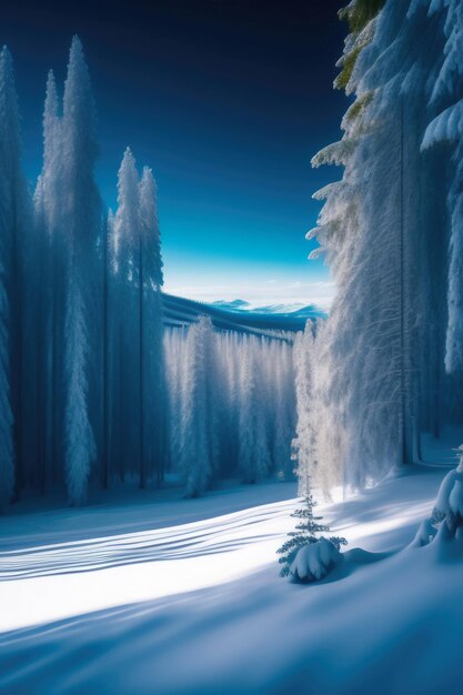 Een besneeuwd landschap met bomen en een blauwe lucht