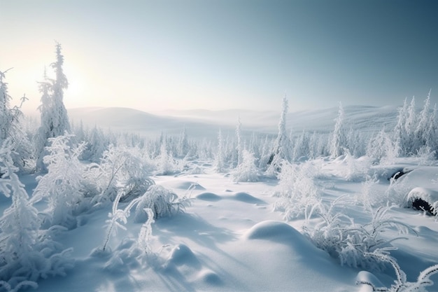 Een besneeuwd landschap met de zon aan de horizon.