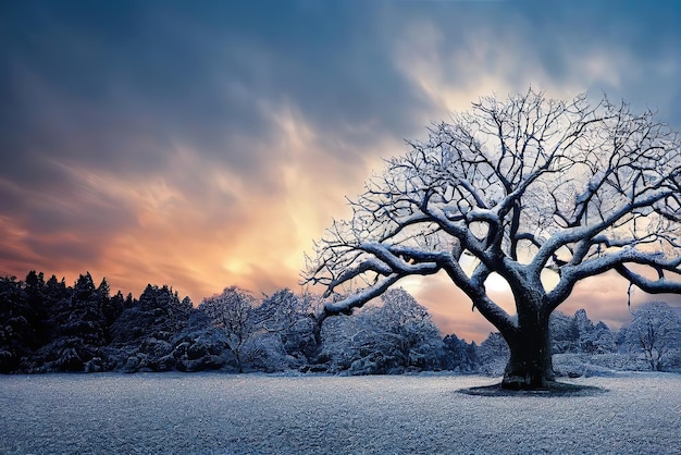 Een besneeuwd landschap met een boom op de voorgrond en een besneeuwde achtergrond