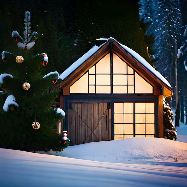 Een besneeuwd landschap met een huis en sneeuw op de grond