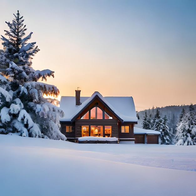 Een besneeuwd landschap met een huis en sneeuw op de grond