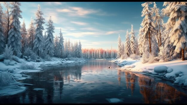 Een besneeuwd landschap met een rivier en bomen bedekt met sneeuw.