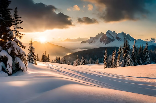 Een besneeuwd landschap met een zon die achter een berg schijnt.