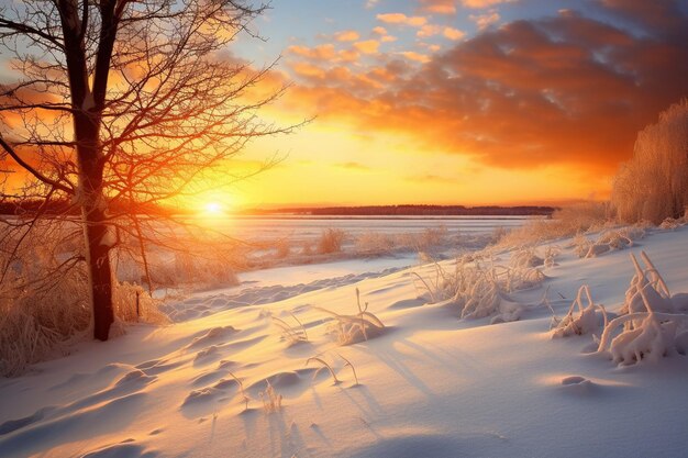 een besneeuwd landschap met een zonsondergang en een boom op de achtergrond
