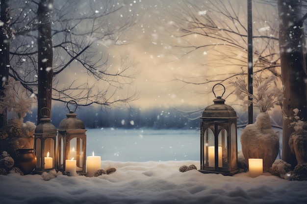Een besneeuwd landschap met flikkerende lichten en gloeiende kaarsen in de ramen waterverf winter