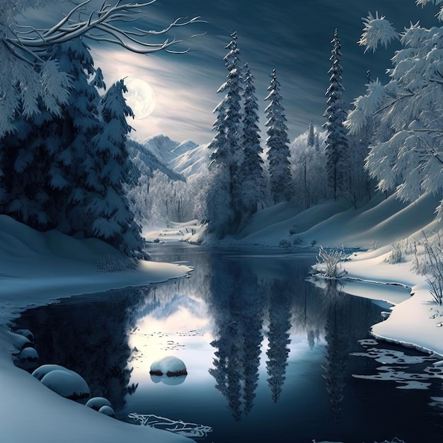 Een besneeuwd landschap met links een meer en bomen.