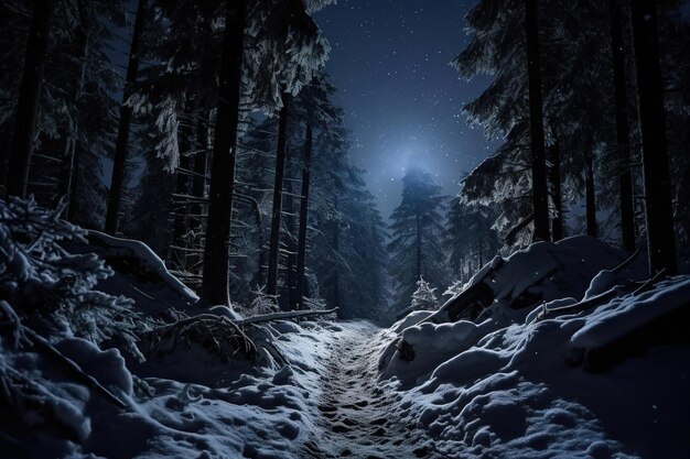 Een besneeuwd pad door een stil bos