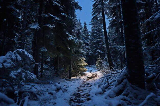 Een besneeuwd pad door een stil bos