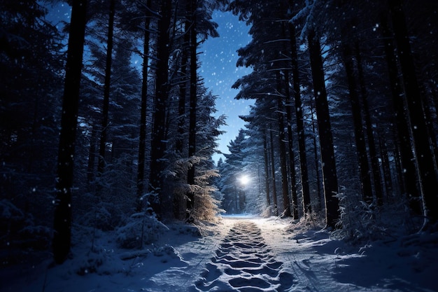 Een besneeuwd pad door een stil bos