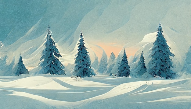 Een besneeuwd tafereel met een besneeuwd landschap en een besneeuwd landschap met een besneeuwd landschap en een besneeuwd bos.