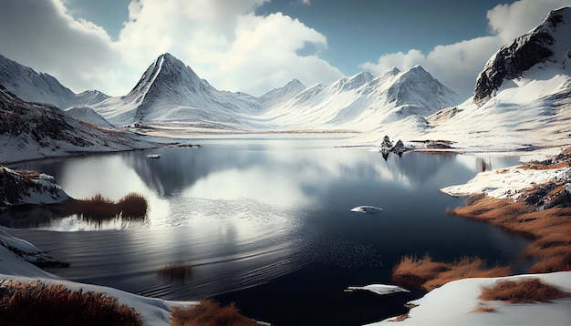 Een besneeuwde bergketen met een meer omringd door met sneeuw bedekte bergen op de voorgrond en een bewolkte lucht op de achtergrond met een paar wolken op de voorgrond Generatieve AI