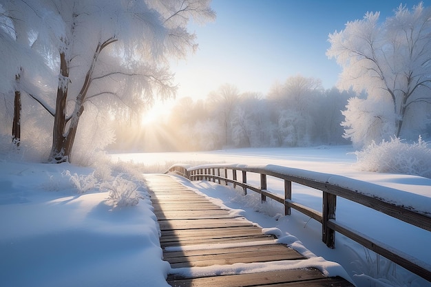 Een besneeuwde, bevroren winterse wandelbrug.