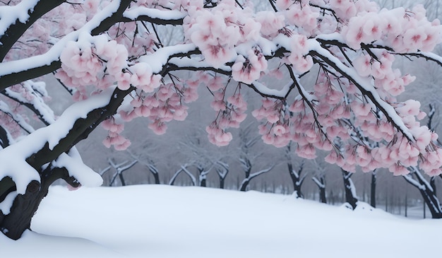 Een besneeuwde boom met een besneeuwde boom op de voorgrond