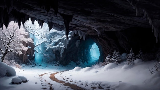 Een besneeuwde grot met een besneeuwd pad en een besneeuwen grot.