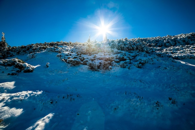 Een besneeuwde heuvel met een blauwe lucht en de zon schijnt erop.