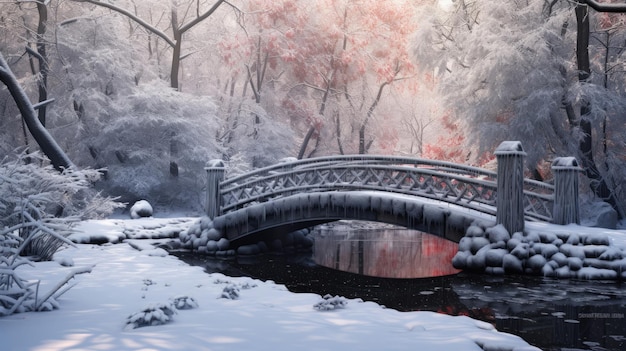 Een besneeuwde, ijzige winterwandelbrug