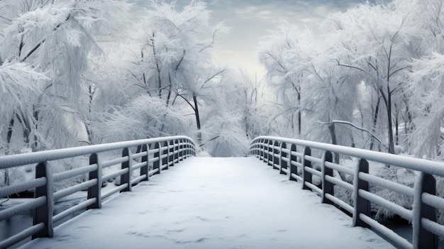 Een besneeuwde, ijzige winterwandelbrug