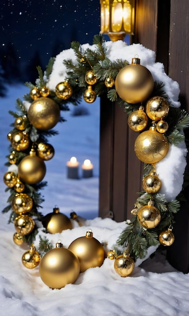 Een besneeuwde krans versierd met gouden ornamenten Maanverlichte nacht buiten close-up