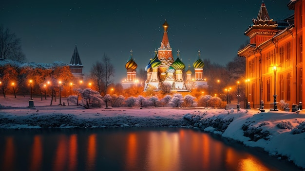 Een besneeuwde nacht in Moskou met uitzicht op het kremlin op de voorgrond