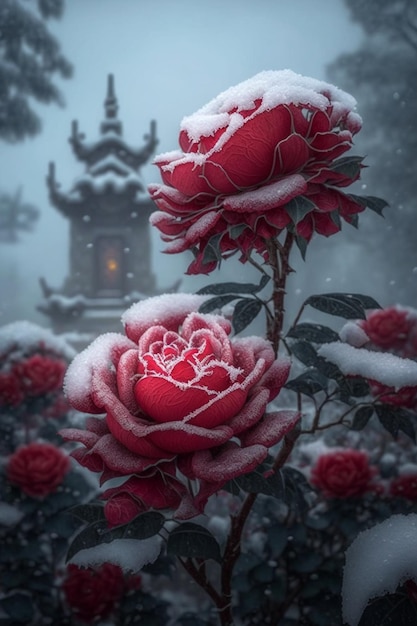 Een besneeuwde rode rozen voor een Japanse lantaarn.