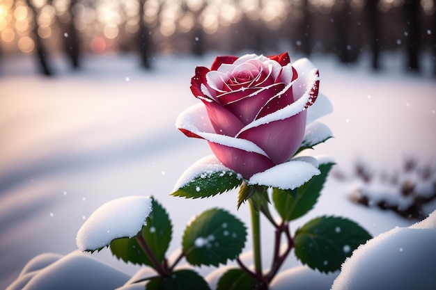 Een besneeuwde roos in de sneeuw